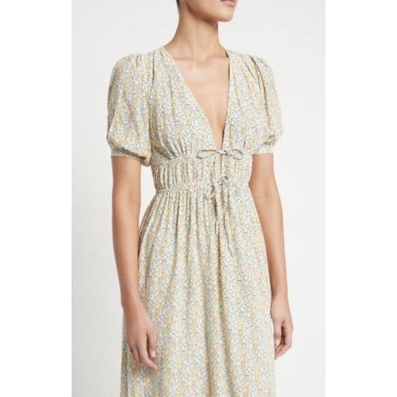 Faithfull the Brand Floral Midi Dress Sz. Small | Puff Sleeve Tie Front Feminine - Picture 2 of 15